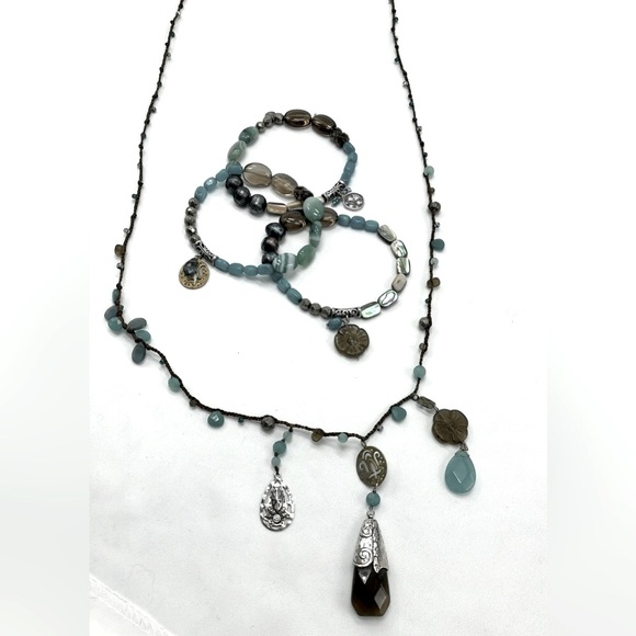 3 Teal Blue/Green Silpada Smokey Quartz Elastic Stretch Bead Bracelets - Picture 9 of 9